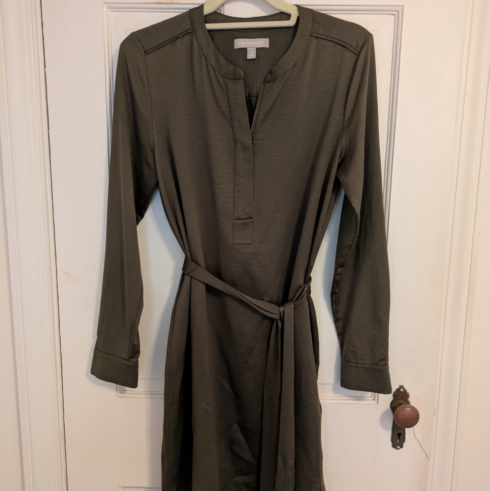 Green Zip Front Satin Shirtdress Banana Republic